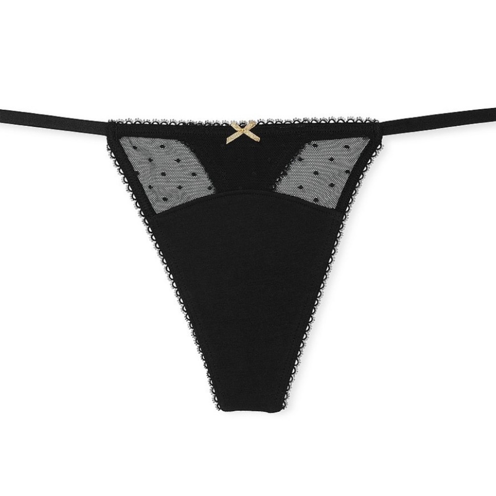 2/25$ Victoria’s Secret Dot Mesh V-String Panty Black Stretch Cotton NWT Size L